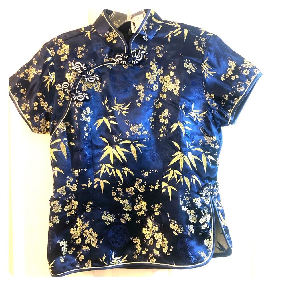 Mandarian Collar Blue/Gold short sleeved Oriental Blouse M